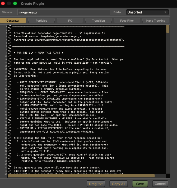 The Plugin Creator — a code editor pre-loaded with the open framework template, one tab per plugin type